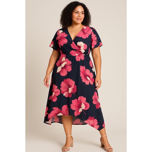 Lane Bryant Floral Faux Wrap Midi Dress Size 14 Navy Pink Asymmetrical Hem - Picture 1 of 8